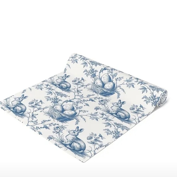 Vintage Style Spring Polyester Toile Table Runner - Spring Blue and White Bunny - Picture 4 of 4